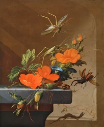 Een boeket rozen, winden en hazelnoten met sprinkhanen, vliegend hert en hagedis