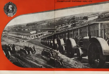 De tractorfabriek van Stalingrad. Illustratie uit “De USSR bouwt het socialisme”, 1933.