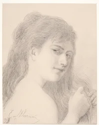 Borstbeeld van een vrouw die haar haar vlecht