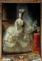Portret van Marie Antoinette door Lorraine Habsburg, Koningin van Frankrijk (1755-1793) in grote hofkleding, een roos in de hand