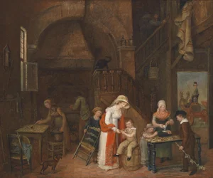 Bezoek bij de taartenbakker, (op de tafel) onduidelijk gesigneerd, gedateerd M. E. De Latour 1822