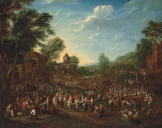 Een dorpskermis met dansende en vrolijke feestvierders