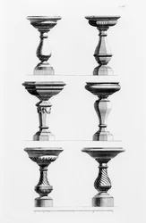 Ontwerpen voor urnen in de antieke stijl, uit A Book of Architecture, door James Gibbs, gepubliceerd 1739