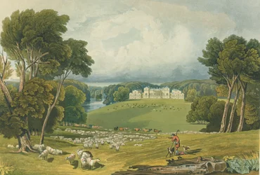 Uitzicht op Holkham Hall, Norfolk, gegraveerd door Robert Havell, 1818