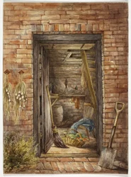 Bakstenen muur met open deur en schop