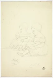 Twee zittende babymeisjes (recto), een stilleven, en twee dieren (verso)