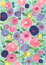 Klaprozen in bloei op aqua achtergrond, 2018 (aquarel)
