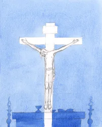Na de Consecratie kunnen we er zeker van zijn dat Christus in ons midden aanwezig is: Christus die stierf aan het kruis, biddend voor de zondaars, en die nu Aanwezig is, biddend voor ons in onze tijd, en hetzelfde offer brengend, 2005 (aquarel op papier)