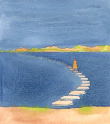 Omdat we hopen ons leven voor altijd met Jezus te beëindigen, is de christelijke reis als een wandeling over het Meer van Galilea op een pad van stapstenen: heel veilig zolang niemand struikelt, 2005 (aquarel op papier)