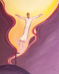Door de wil, voorkennis, het plan, de toestemming en de gerechtigheid van de Vader, leed en stierf Christus, en sprong op naar Zijn Vader, ons in Zijn kielzog trekkend