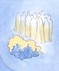 Christus en zijn heiligen in de hemel kijken met grote tederheid neer op zijn vrienden op aarde die mediteren over zijn lijden