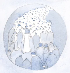 Christus liep te midden van Zijn volk, een kind op Zijn schouders, met de pelgrims en zieken