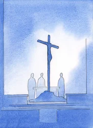 God liet me zien dat onze drie priesters die het Heilig Offer brachten rond het kruis stonden waarop Christus stierf