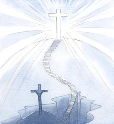 Ik zag de trap naar vreugde en een verlicht kruis, nu ons heilige en stralende symbool, geplant in de hemel