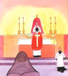 In weloverwogen stappen (legde Christus uit) had Hij mij langzaam geleid naar een erkenning van de eerbied en schoonheid die verbonden zijn aan de Traditionele manier van het brengen van het Heilig Offer, 2005 (aquarel op papier)