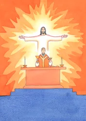 Jezus is aanwezig bij ons tijdens de mis, biddend tot de Vader namens ons, voor hulp in onze noden en voor eeuwige redding. We kunnen al onze gebeden verenigen met zijn grote offergebed