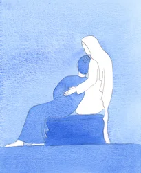Zoals ik thuis in de armen van Onze Lieve Vrouw rustte, in gebed, zo nestelde Jezus zich lang geleden als kind in haar armen, 2005 (aquarel op papier)