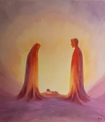 Maria en Jozef kijken met geloof naar het kind Jezus bij zijn geboorte