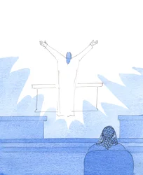 Op de verjaardag van mijn jongste zoon zag ik Christus bij het altaar, Zijn armen uitgestrekt in gebed terwijl Hij de Vader prees voor alle echtgenoten die elkaar liefhebben, 2005 (aquarel op papier)