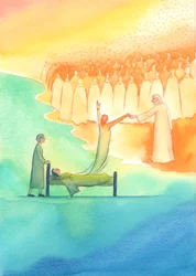 De Heilige Ziel die klaar is voor de Hemel wordt niet alleen door Christus ontmoet, maar ook door Zijn heilige Moeder en alle Heiligen