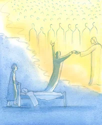 De Heilige Ziel die klaar is voor de Hemel wordt niet alleen door Christus ontmoet, maar ook door Zijn heilige Moeder en alle Heiligen
