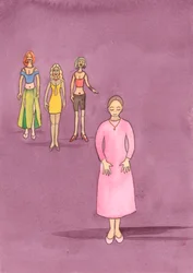De Heer nodigt vrouwen uit om zich bescheiden te kleden, zoals de Heilige Schrift voorschrijft, en zo kuisheid in zichzelf en in anderen te helpen bevorderen, 2004 (aquarel op papier)