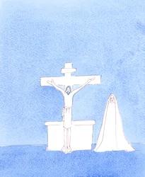 De verrezen Christus is werkelijk bij ons, na de Consecratie, biddend tot de Vader dat de zondaars vergeven worden, net zoals Hij bad vanaf het kruis op Golgotha, 2004 (aquarel op papier)