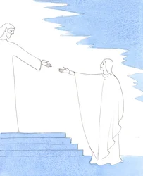 Het genereuze antwoord van de Heilige Maagd op Gods uitnodiging om de Moeder van God te worden bracht haar veel lijden - maar ook enorme vreugde en glorie, 2005 (aquarel op papier)