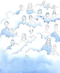 Hoewel we weten dat de heiligen niet op de wolken zitten, zoals te zien is op oude afbeeldingen, blijft de waarheid die door middel van die afbeeldingen wordt getoond hetzelfde, 2005 (aquarel op papier)