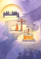 Door de Eucharistie, die werd ingesteld tijdens het Laatste Avondmaal, wordt het Offer van Calvarie in elke generatie opnieuw gepresenteerd.