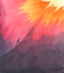 Leven als een gelovige katholiek, in moeilijke omstandigheden, is als het beklimmen van een enorme berg, wetende dat een groot welkom wacht op de klimmers op de top, 2005 (aquarel op papier)
