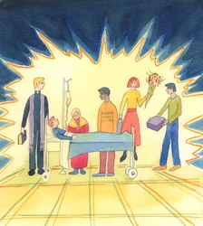 Als mensen oprechte vriendelijkheid en mededogen tonen jegens zieken, gehandicapten, gewonden of stervenden, en teder voor hen zorgen totdat God besluit de zieke weg te roepen uit het aardse leven, tonen zij respect voor het leven, 2005 (aquarel op papier)