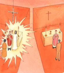 Wanneer het brood en de wijn worden geconsacreerd door een katholieke priester, worden ze veranderd in het heilige lichaam en bloed van Christus; en Christus transformeert de communicant door zijn goddelijke leven, 2005 (aquarel op papier)