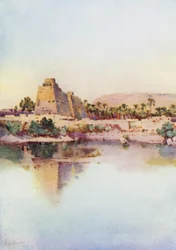 De Pylon van Hatshepset bij Karnak, vanaf het Heilige Meer