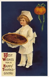 Thanksgiving: wenskaart met een kind verkleed als kok die het traditionele gerecht presenteert