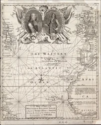 Een nieuwe kaart van de westelijke of Atlantische oceaan met een deel van Europa, Afrika en Amerika: de route van de galeien van en naar West-Indië