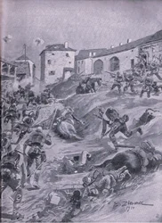 Het Aschaffenbergse 2e Beierse Jagersbataljon bij Lagarde augustus 1914, uit De Geïllustreerde Geschiedenis van de Wereldoorlog 1914-1915 uitgegeven door Union Berlagsefellfchaft