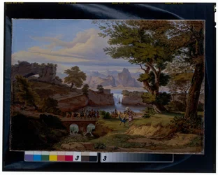 Italiaans landschap met de triomf van Silenus