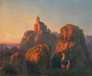 Landschap met kerk in de avond
