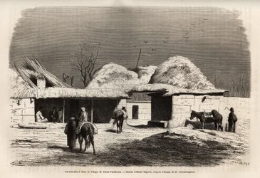 Een karavanserai in het dorp Oud-Tasjkent (of Tashkend), hoofdstad van Russisch Turkestan, gegraveerd naar een tekening van Emile Bayard, ter illustratie van Basile Vereschagin
