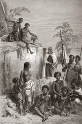Hawaïaanse koning Kamehameha I en zijn krijgers, illustratie uit 