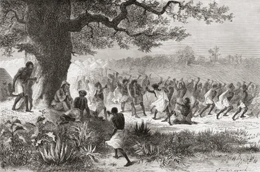 Henry Morton Stanley kijkt naar de Vouagogos-stam die zich voorbereidt op de strijd tijdens zijn expeditie in 1871, illustratie uit 