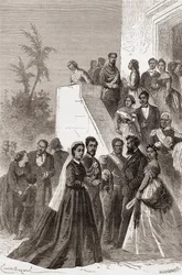 Kamehameha V, midden, met zijn familie, illustratie uit 