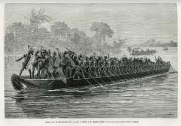 Grote kano van de Arouhouimi, geladen met 40 staande roeiers en twintig krijgers in wapens, op de Livingstone Rivier (Congo), tekening door Emile Bayard, ter illustratie van het verhaal 