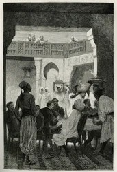 Lunch bij de minister van oorlog, hoofddeksel van een tulband, tegenover de auteur van het verhaal, aankomend door de hof, een rij bedienden die de gerechten van de maaltijd dragen, gravure door Emile Bayard, ter illustratie van het verhaal van Marokko doo