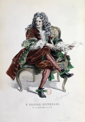 Portret van Nicolas Boileau Despreaux (Boileau-Despreaux) (1636-1711) in "Werken van Nicolas Boileau" Parijs 1873 (gravure)