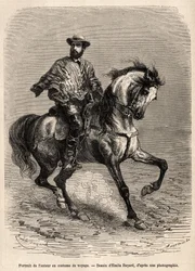 Portret van de auteur, op zijn rijdier, gekleed in zijn reiskostuum, gravure naar een tekening van Emile Bayard ter illustratie van het verhaal over de woestijn van Acatama en Caracoles (Zuid-Amerika), door ingenieur A.Bresson, 1870-1874, gepubliceerd in 