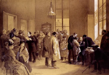 Hondsdolheid vaccinatie: Louis Pasteur (1822-1895) deed een beroep op de fans terwijl Dr. Gaucher een Russisch kind, Joseph Meister, vaccineerde tegen hondsdolheid op 6/07/1885 in een laboratorium aan de Ulmstraat. Afdrukken door Emile Bayard (1837-1891) 1