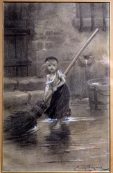 Voorstelling van Cosette, blootsvoets aan het vegen. Illustratie voor «Les Misérables» van Victor Hugo (1802-1885) door Émile Bayard (1837-1891), 19e eeuw. Parijs, Maison Victor Hugo