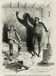 Sir Henri Morton Stanley (1841-1904) en Franck Pock, zijn reisgenoot, beslissen een route door kop of munt, tekening door Emile Bayard, ter illustratie van het verhaal "Door het mysterieuze continent" (Equatoriaal Afrika), een reis c